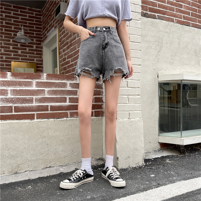 ダブルボタン ダメージショートデニムパンツ S1818