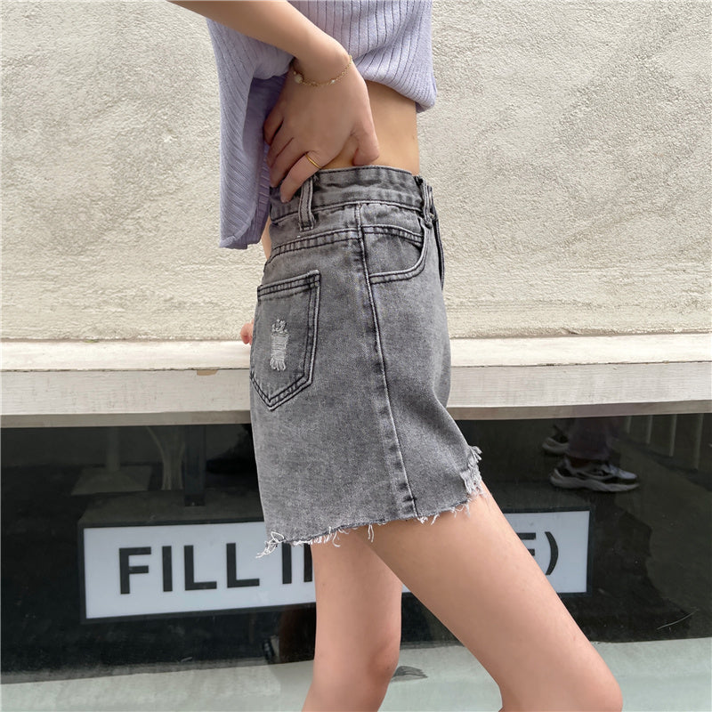 ダブルボタン ダメージショートデニムパンツ S1818