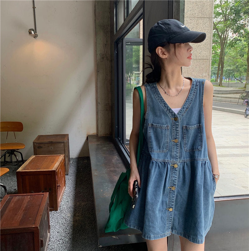 サスペンダーデニムワンピース♡大人可愛いミニシルエット S2396