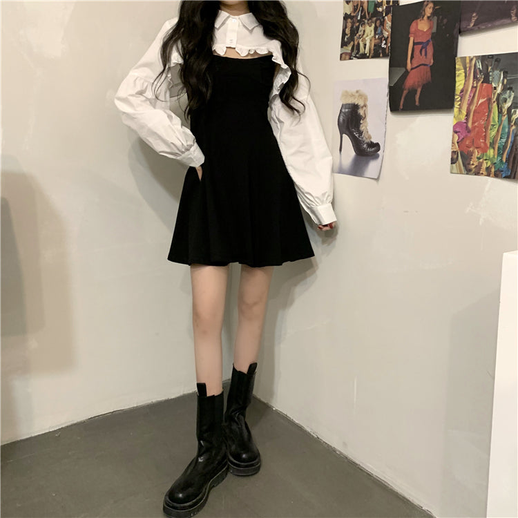 ボレロ風フリルブラウス＆ブラックキャミワンピセット S1969