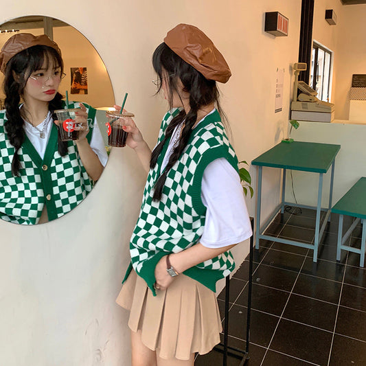 Vネックチェック柄ベスト ユニセックスでおしゃれ♡ S1219