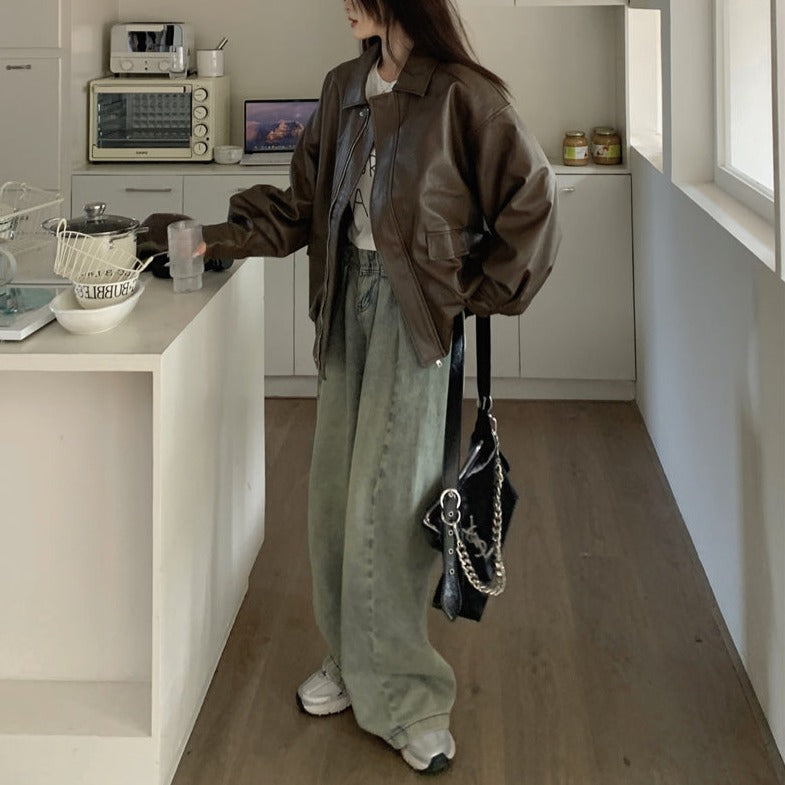 ステンカラー フェイクレザー ジャケット ベーシック S1282