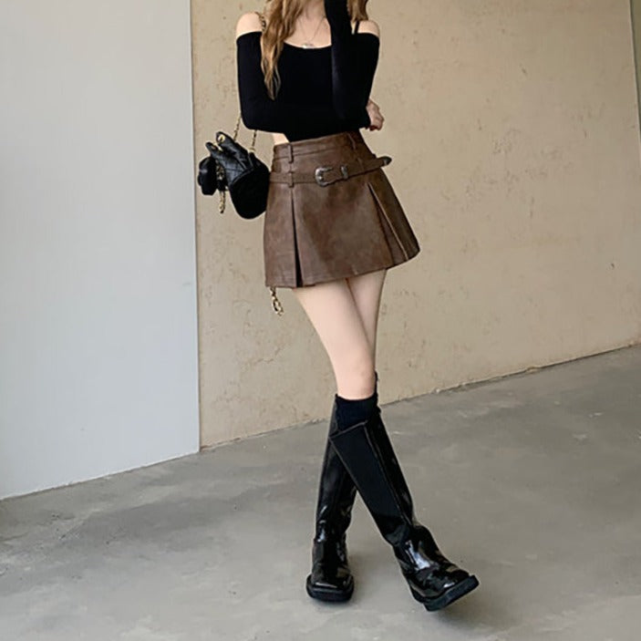 レトロなフェイクレザーミニスカート♡ベルト付きで大人可愛い S1266