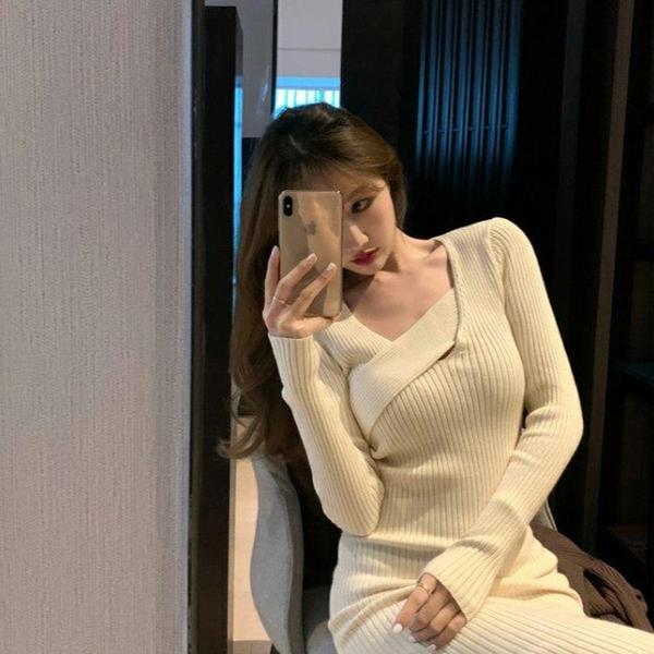レイヤードネックロングニットワンピース☆大人可愛いデートコーデに S1038