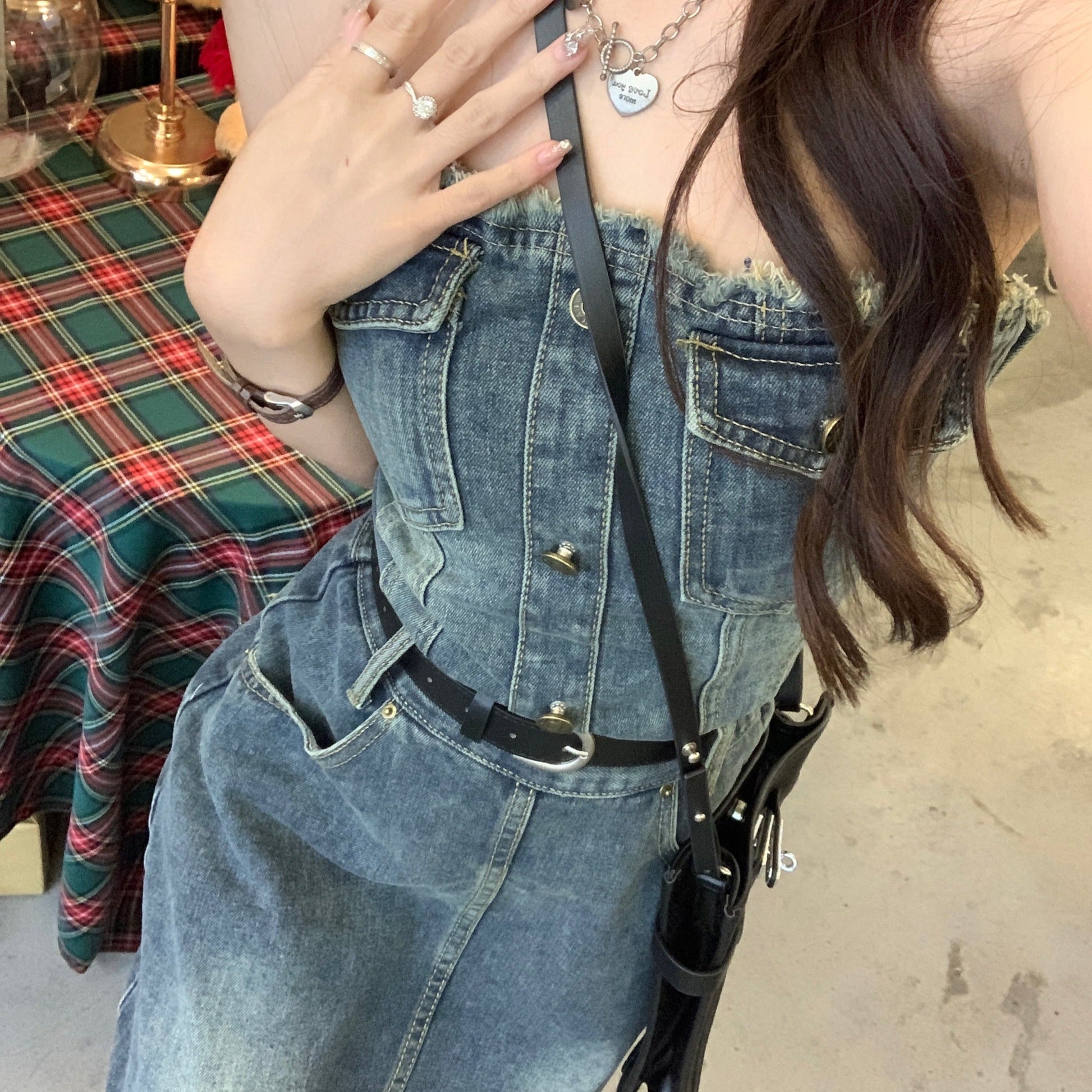 ストラップ付きデニムサロペットワンピース S1673