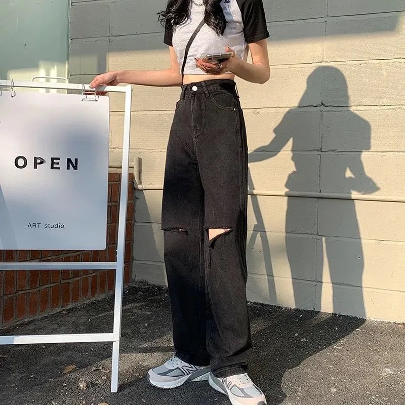 ストレートダメージブラックデニムパンツ♡大人可愛い S2691