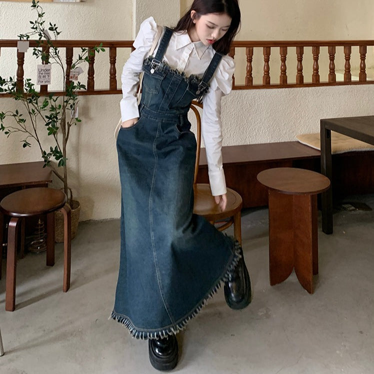 フリンジデニムワンピース カジュアルフェミニンなデザイン S1925