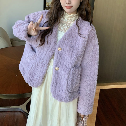 Vネックボアジャケット♡大人可愛いゆったりコート S1103