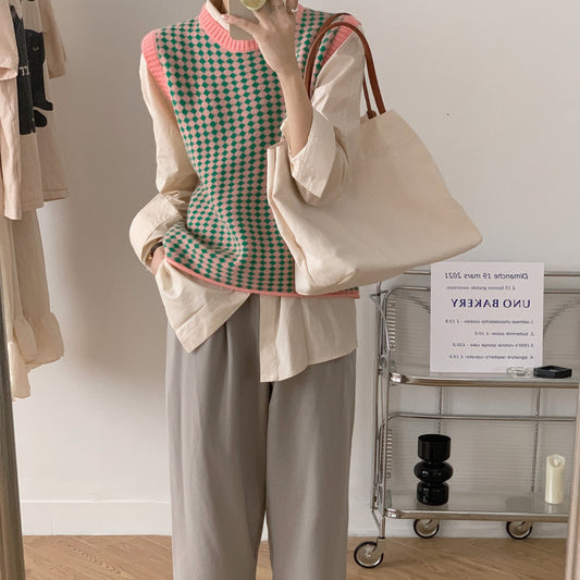 ダイヤモンドチェックニットベスト♡お洒落ワンピース風 S1247