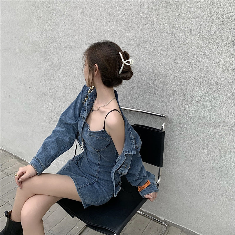 デニムセットアップワンピースでおしゃれコーデ S2459