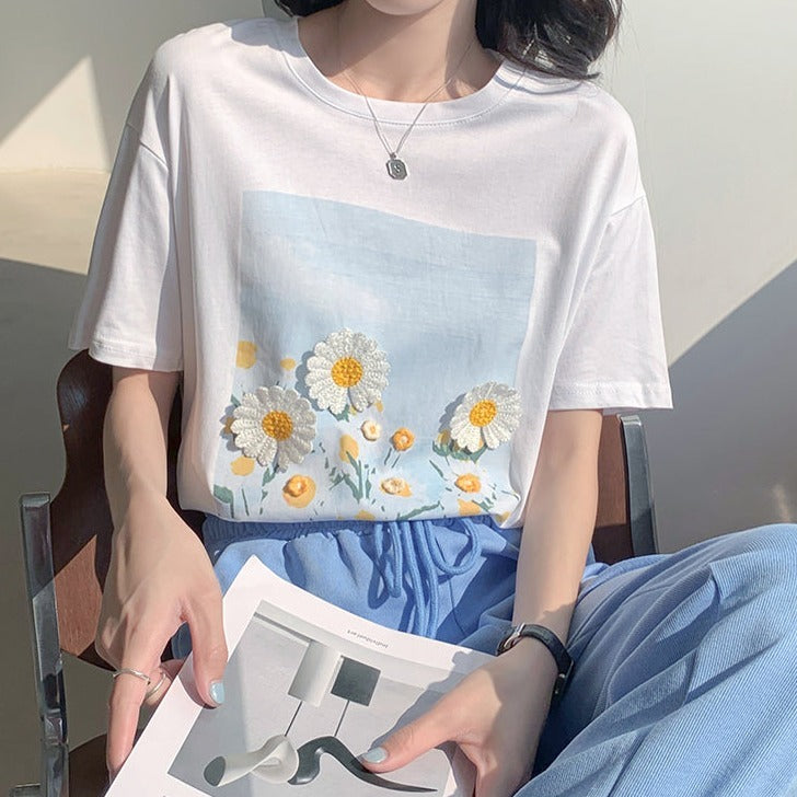 立体フラワー刺繍Tシャツ♡夏らしい可愛いデザイン S1401