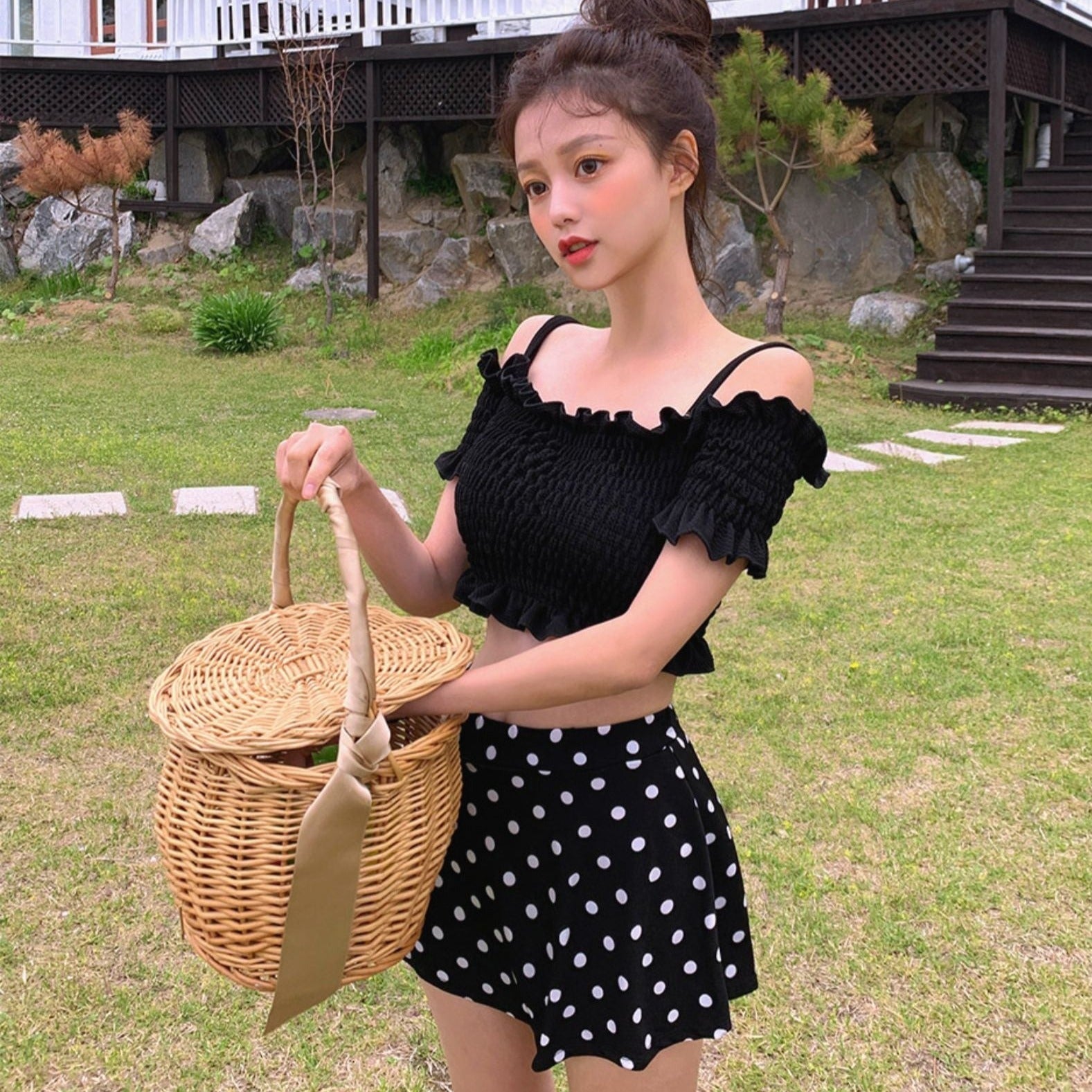 オフショルドットビキニスカート S2285