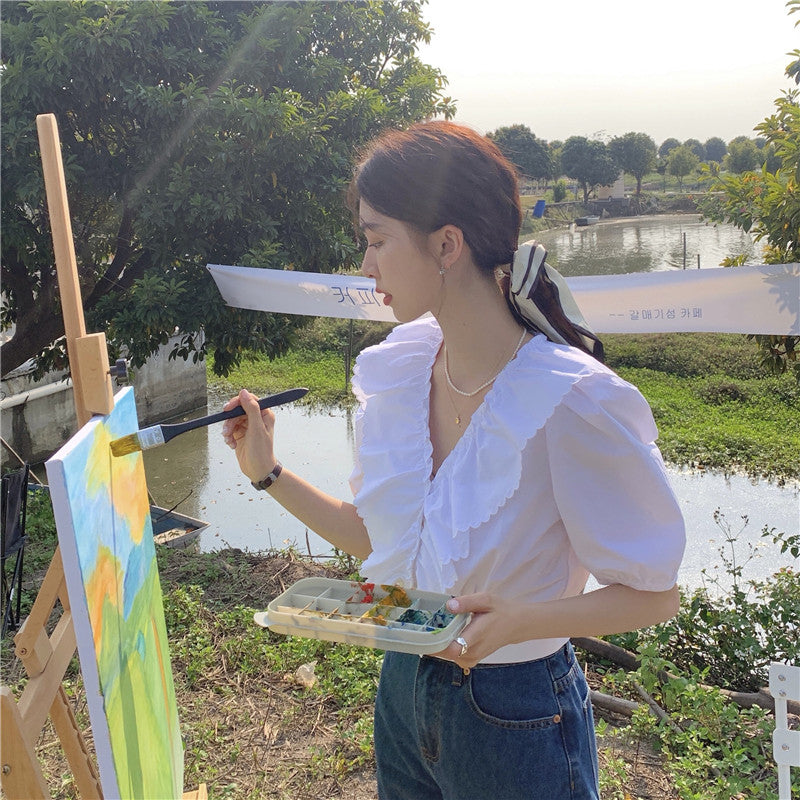 Vネックフリルブラウス パフスリーブで大人可愛い♡ S1890