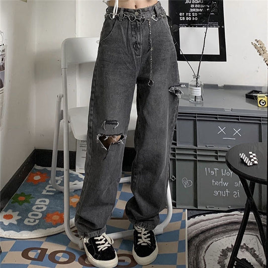 ダメージ加工ブラックデニムパンツ♡美脚ストレート S2210