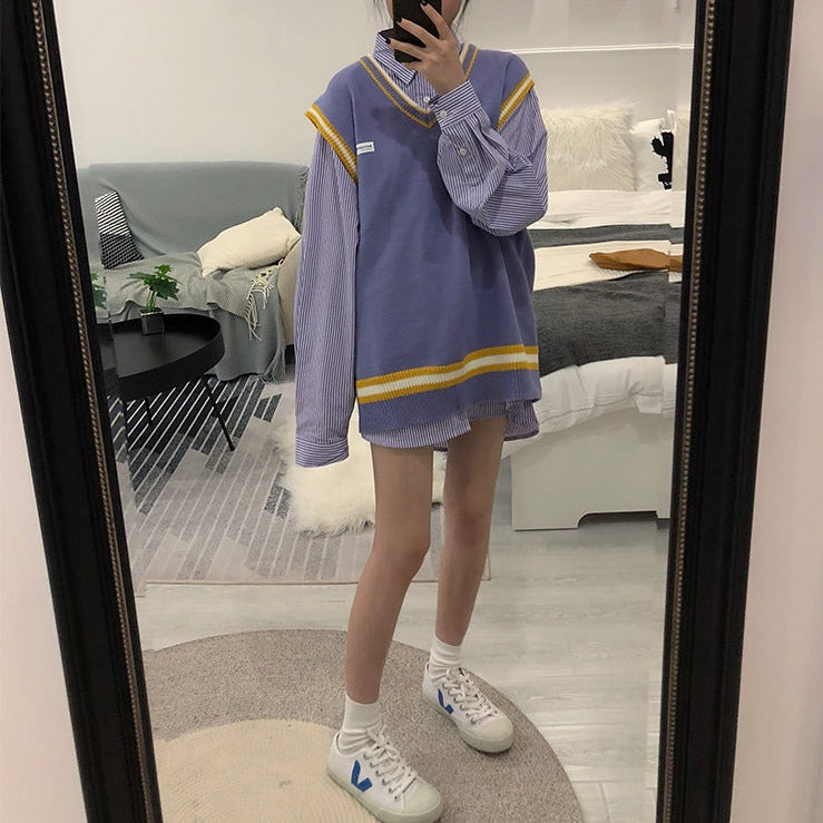Vネックニットベスト♡カレッジ風ラインが可愛い S1738