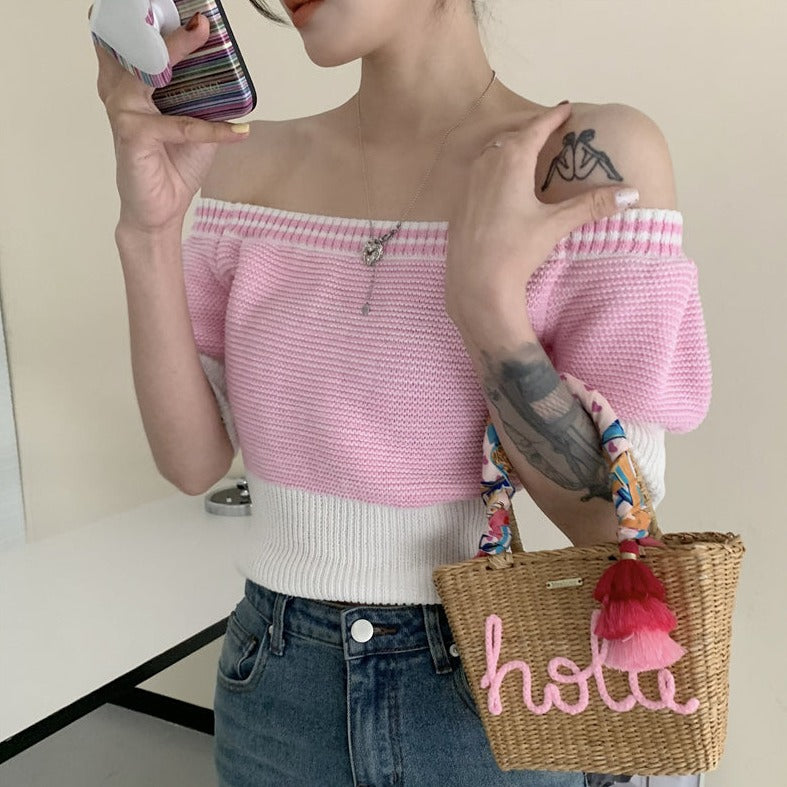 オフショルサマーニット♡大人可愛いバイカラートップス S1157