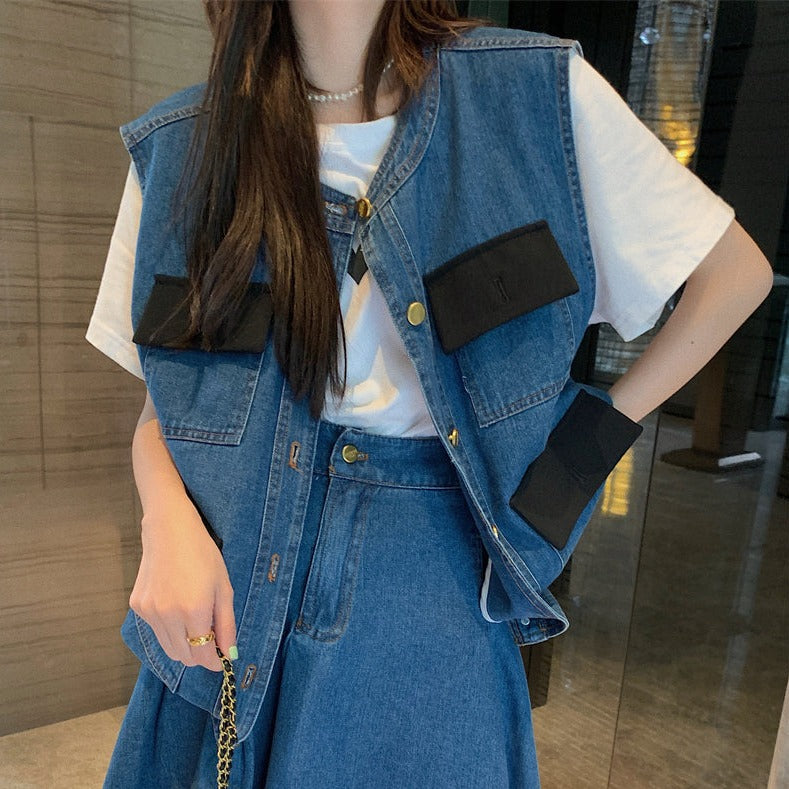 デザインデニムジレセットアップ♡ポケットが可愛い S2300