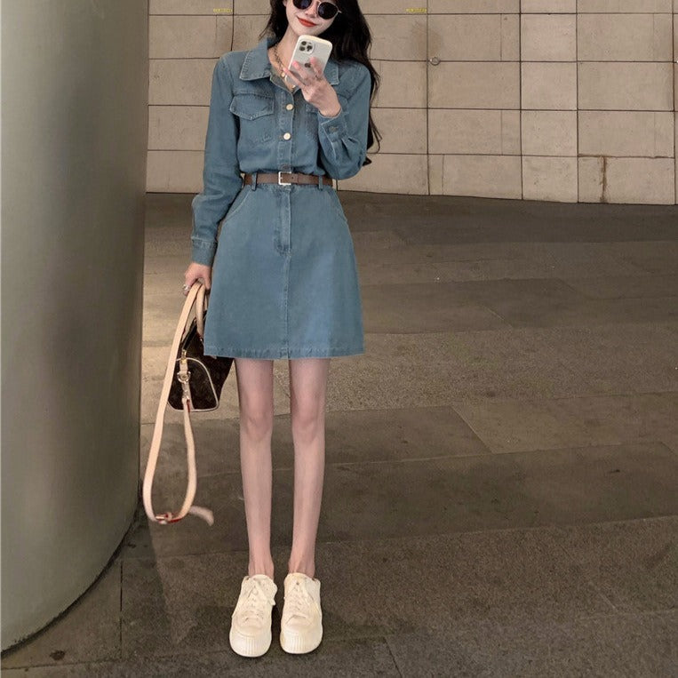 デニムパフスリーブワンピース♡すっきり襟で大人可愛い S2387