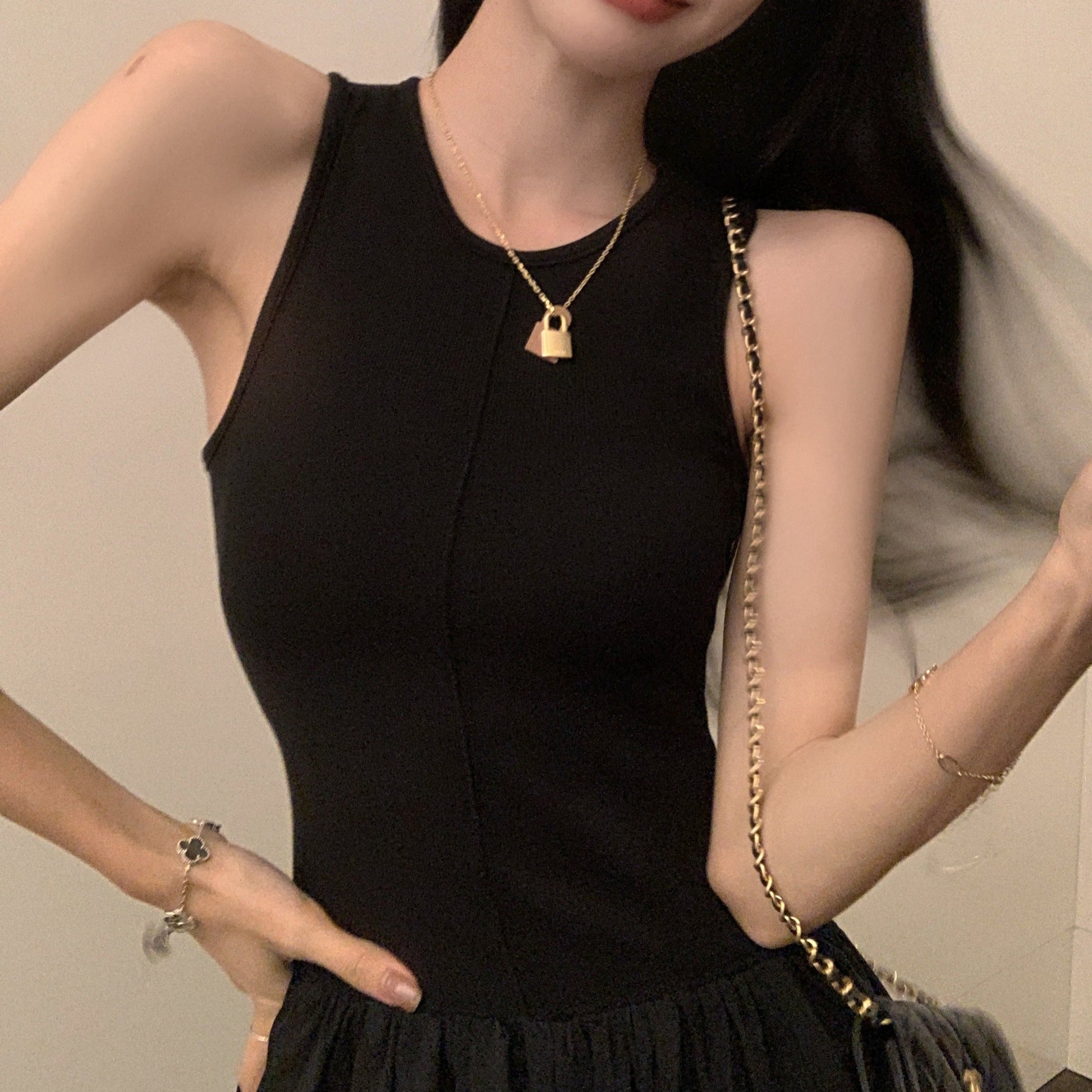 異素材ドッキングワンピース♡ノースリーブで夏に活躍 S1670