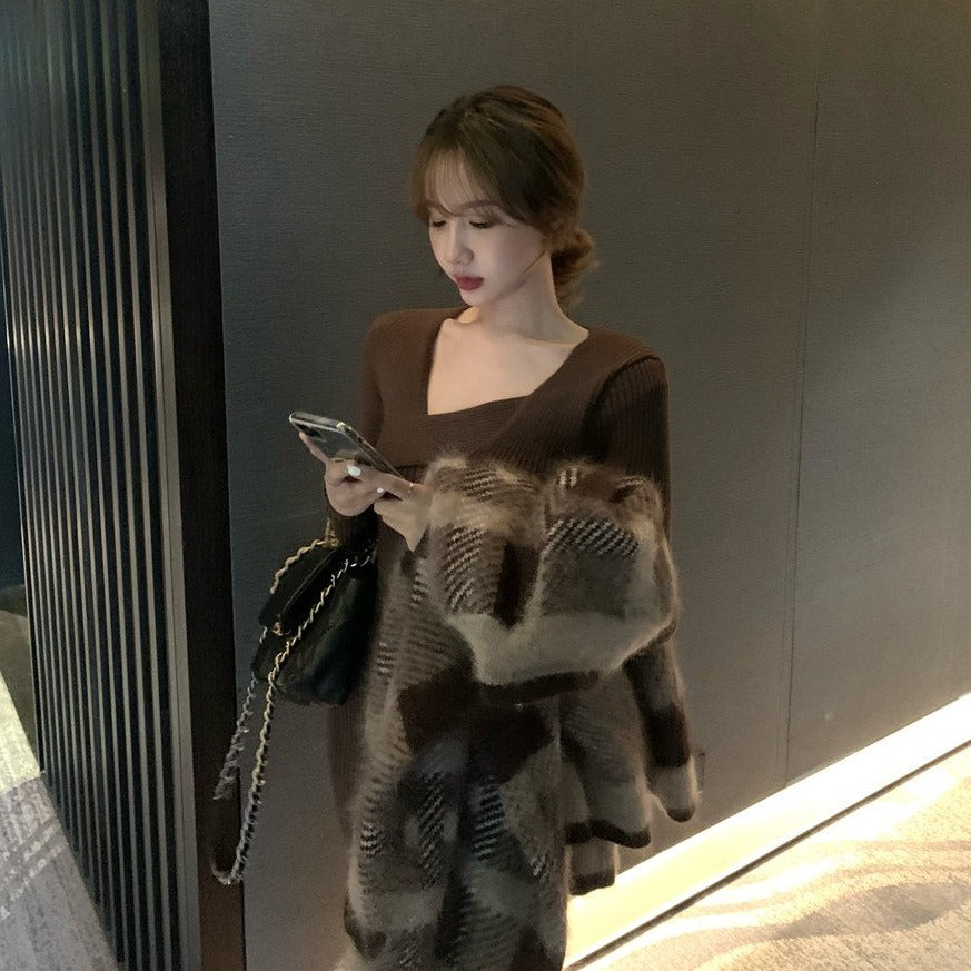 レイヤードネックロングニットワンピース☆大人可愛いデートコーデに S1038