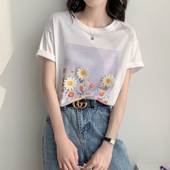 立体フラワー刺繍Tシャツ♡夏らしい可愛いデザイン S1401