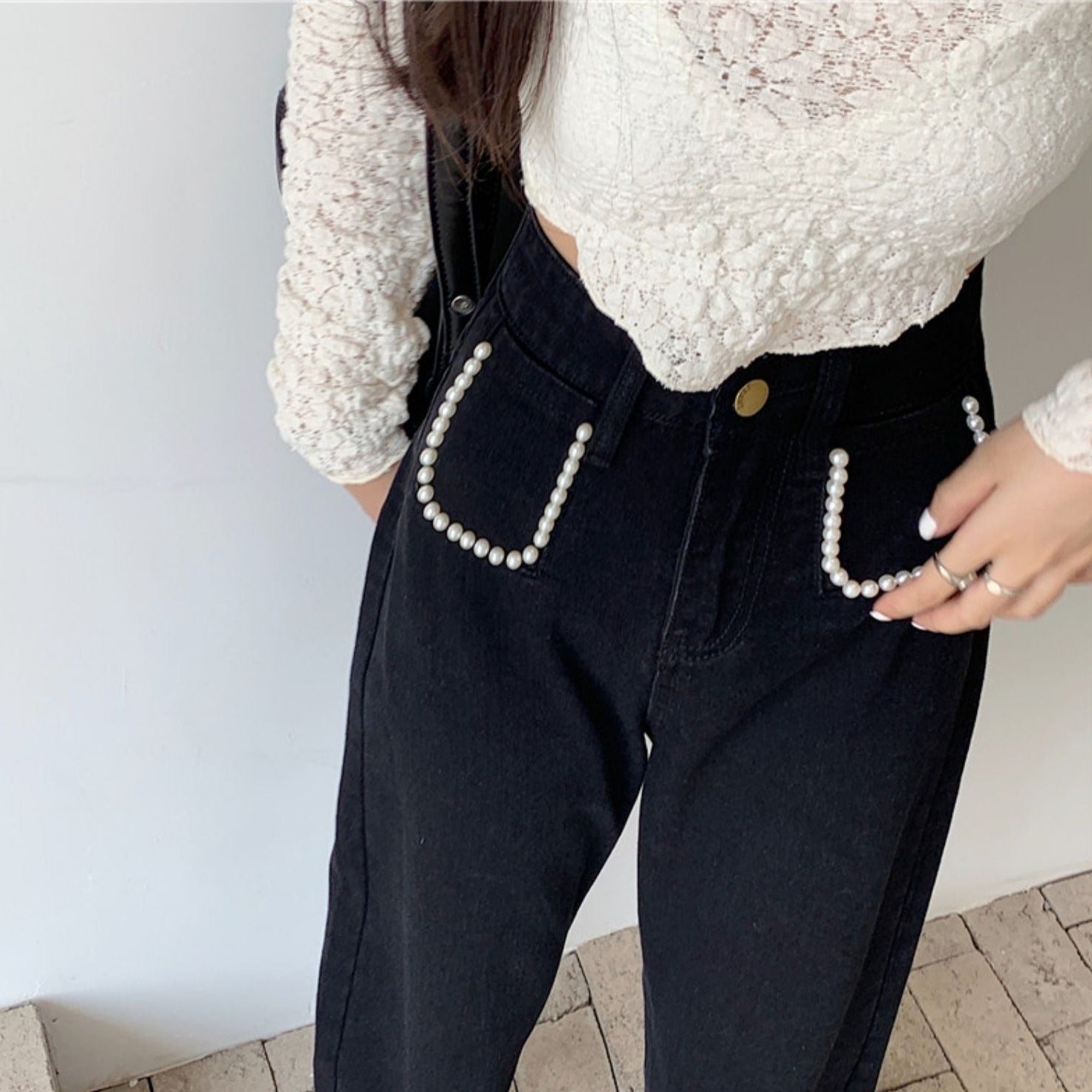 パールデニムパンツ ハイウエストで大人可愛い S2508