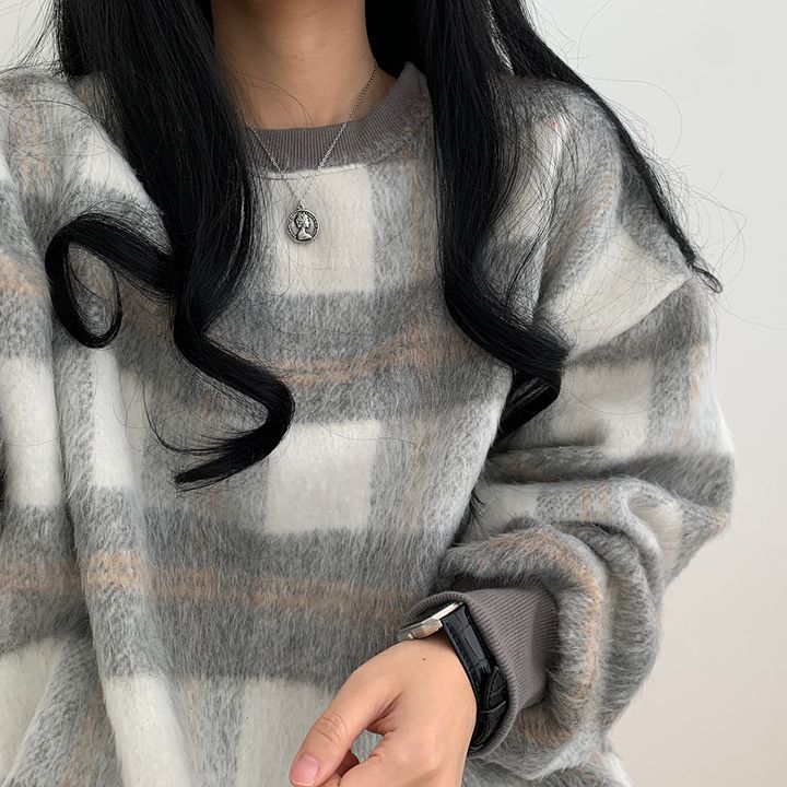 オーバーサイズチェックシャギーニット ふわふわで可愛い S1133