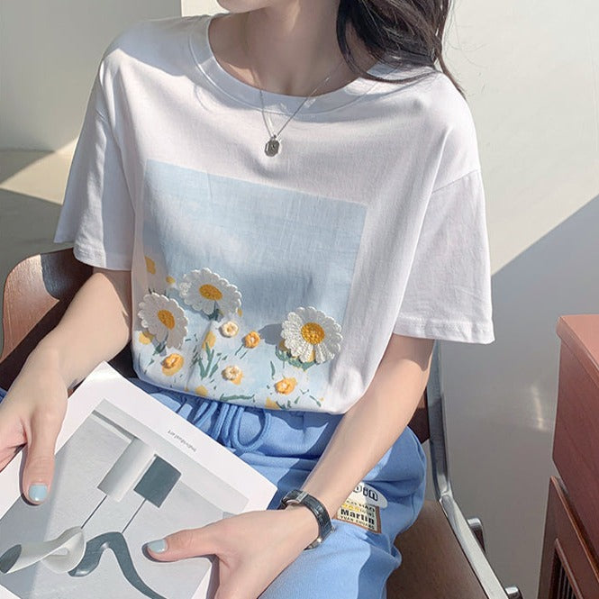 立体フラワー刺繍Tシャツ♡夏らしい可愛いデザイン S1401
