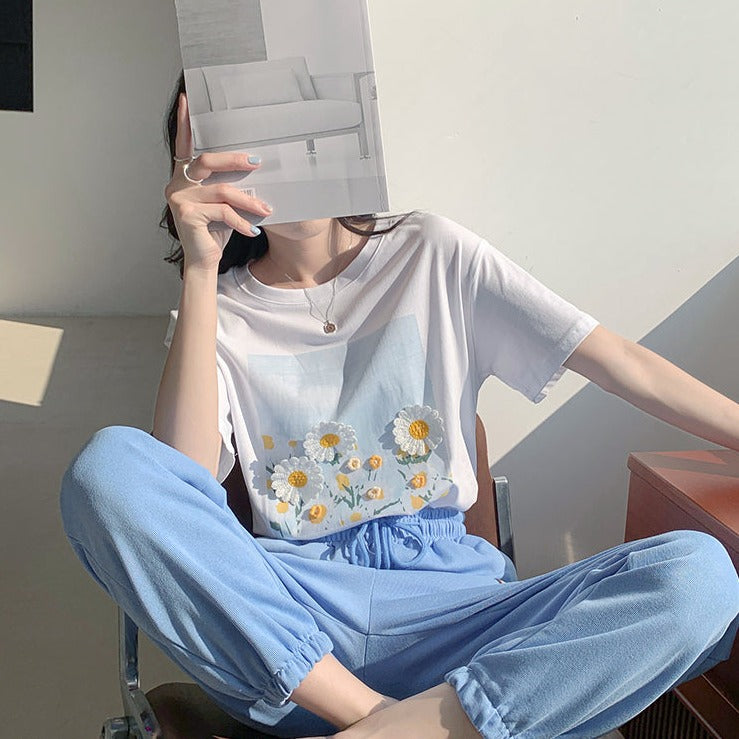 立体フラワー刺繍Tシャツ♡夏らしい可愛いデザイン S1401