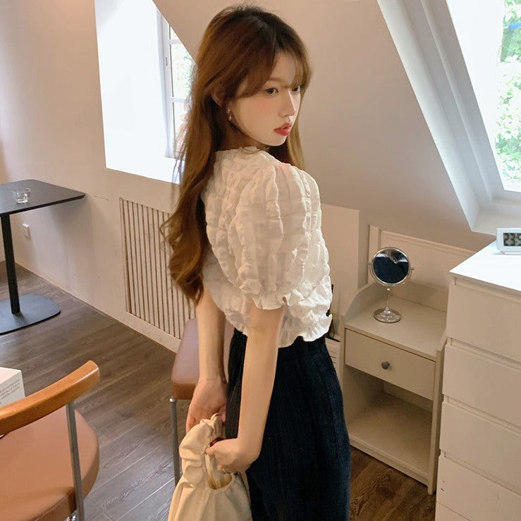 フレンチワッフルパフスリーブトップス♡大人可愛いワンピース風 S1876