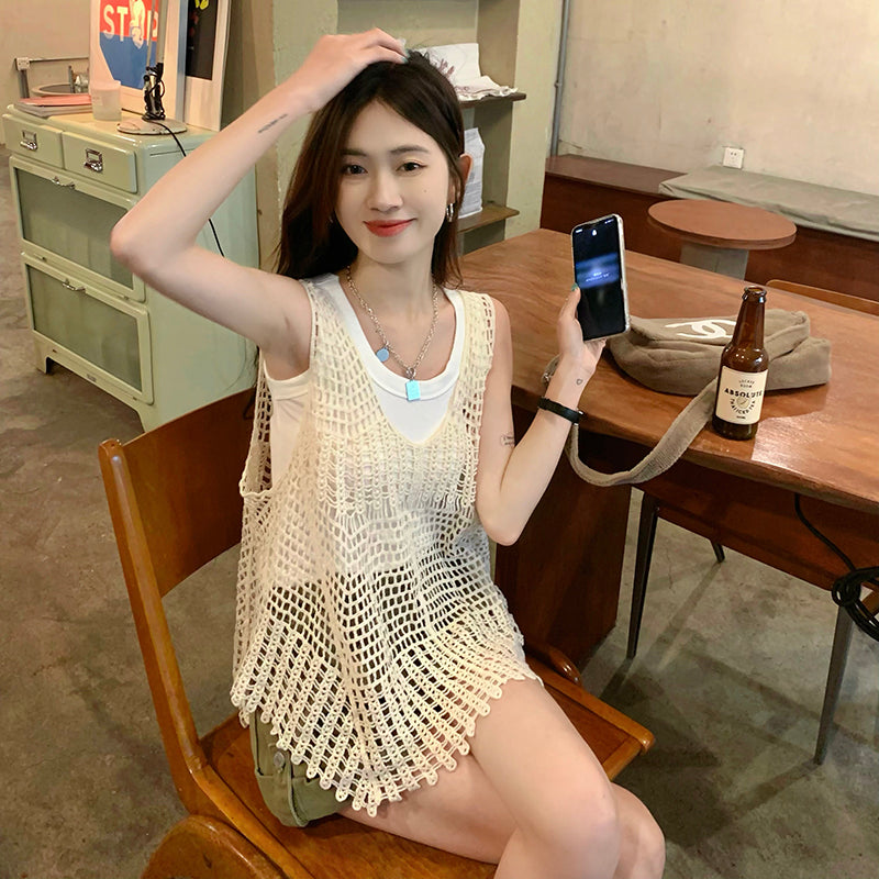 透かし編みフリンジベスト♡レイヤードで上級者コーデ S1404