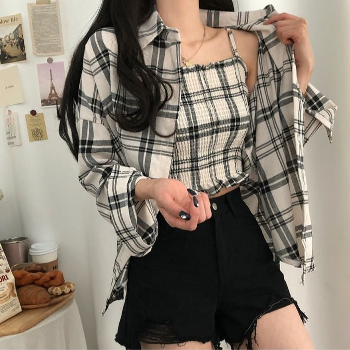 チェックシャツ×キャミソールセットで大人可愛いコーデ S2272