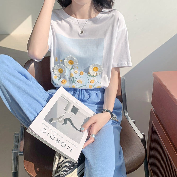 立体フラワー刺繍Tシャツ♡夏らしい可愛いデザイン S1401