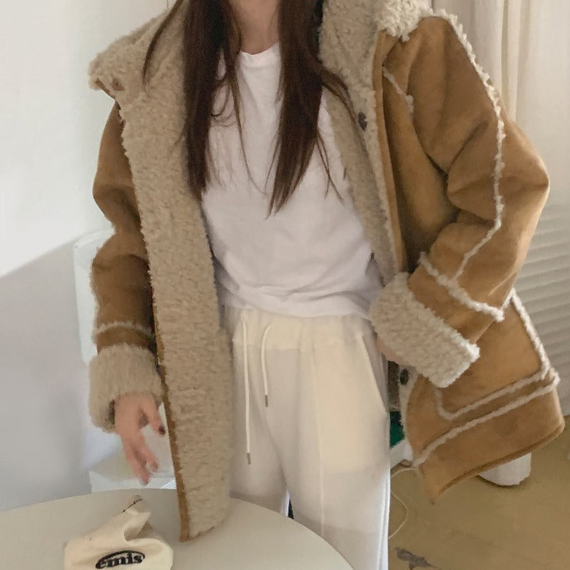 フード付きフェイクムートンコート カジュアルで可愛い S1033