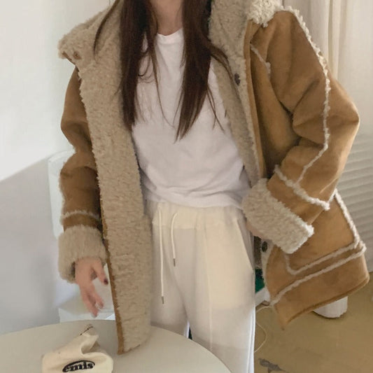 フード付きフェイクムートンコート カジュアルで可愛い S1033