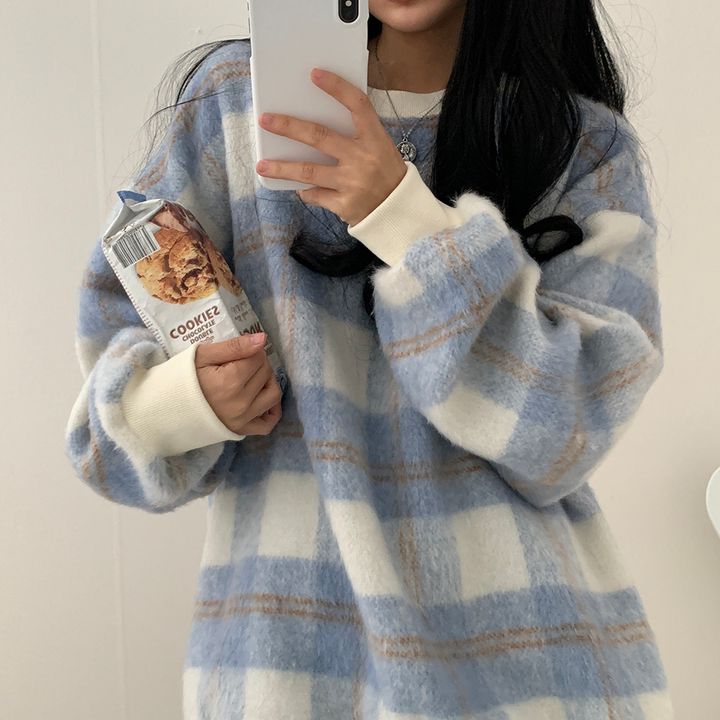 オーバーサイズチェックシャギーニット ふわふわで可愛い S1133
