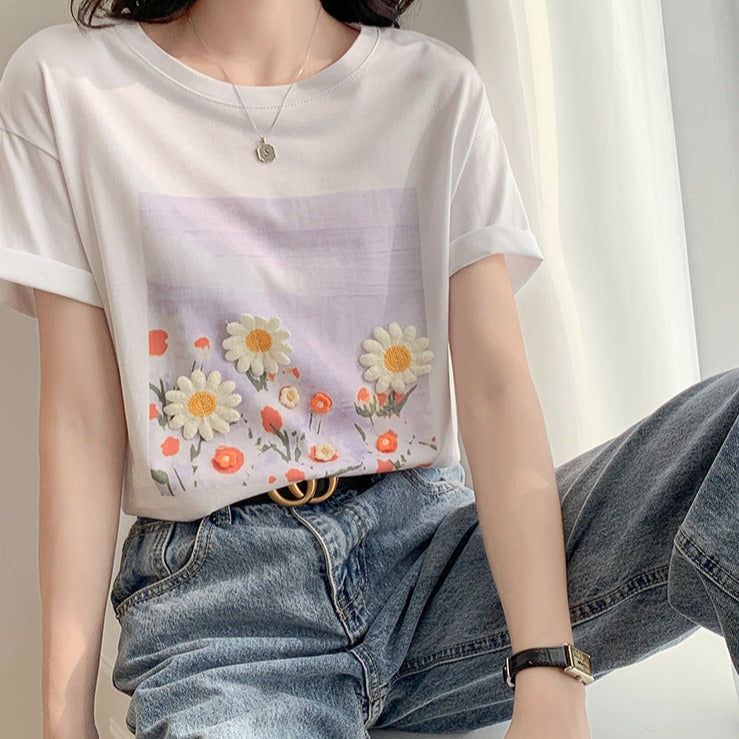 立体フラワー刺繍Tシャツ♡夏らしい可愛いデザイン S1401