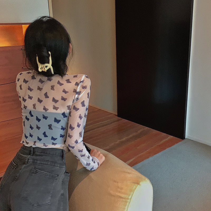 蝶柄シースルーブラウス◎透け感で大人かわいい S1690
