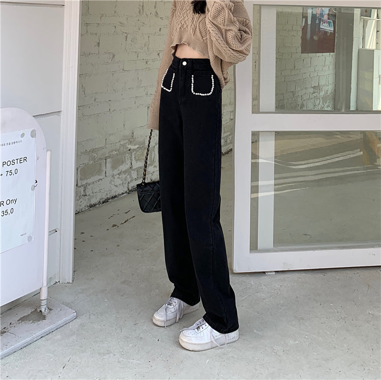 パールデニムパンツ ハイウエストで大人可愛い S2508