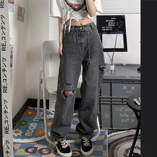 ダメージ加工ブラックデニムパンツ♡美脚ストレート S2210
