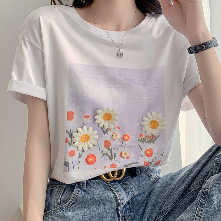 立体フラワー刺繍Tシャツ♡夏らしい可愛いデザイン S1401