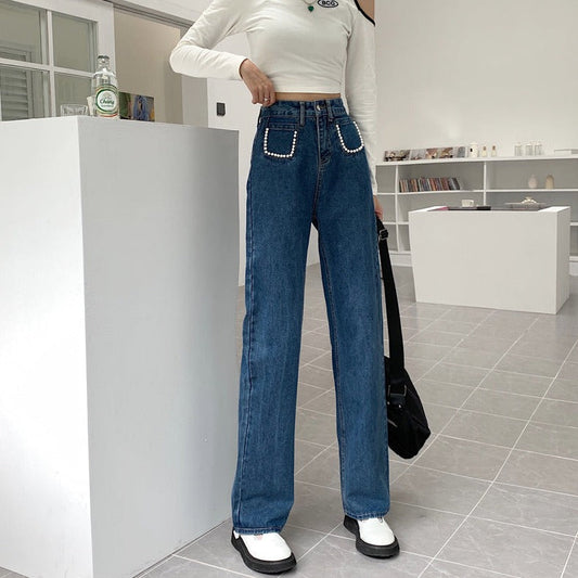 パールデニムパンツ ハイウエストで大人可愛い S2508