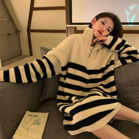 ハーフジップモノトーンボーダーニットワンピ♡ S1082