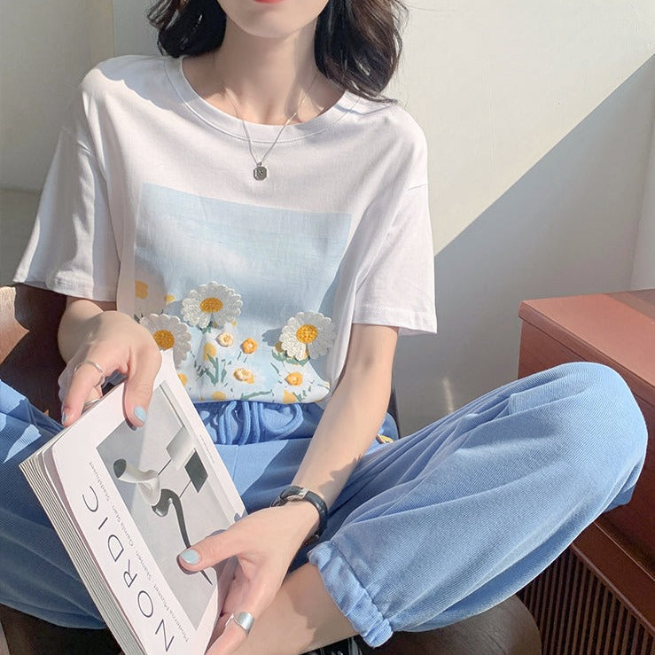 立体フラワー刺繍Tシャツ♡夏らしい可愛いデザイン S1401