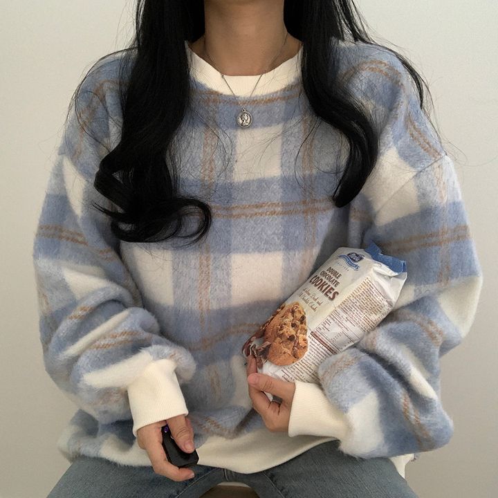 オーバーサイズチェックシャギーニット ふわふわで可愛い S1133