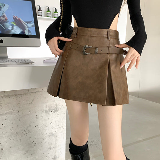 レトロなフェイクレザーミニスカート♡ベルト付きで大人可愛い S1266
