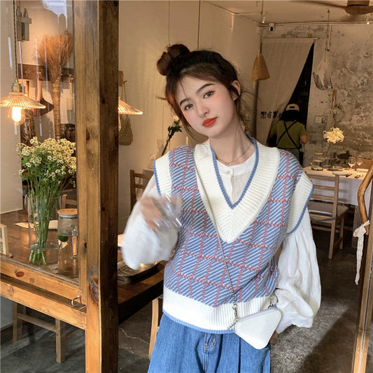 ライトカラーVネックベスト♡優しいチェックが可愛い S2617