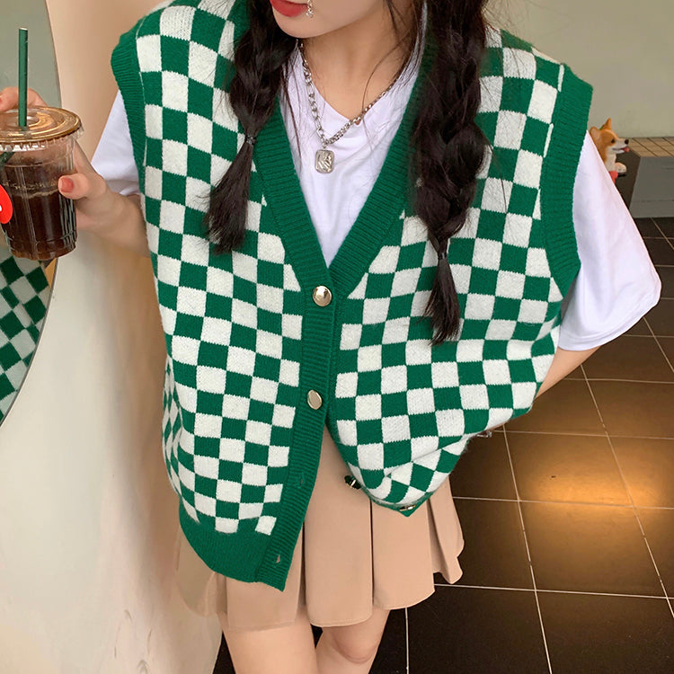 Vネックチェック柄ベスト ユニセックスでおしゃれ♡ S1219